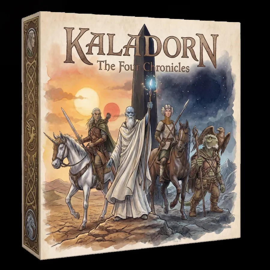 The Kaladorn: The Four Chronicles game box, with Celtic knotwork and hero medallions on the spine.