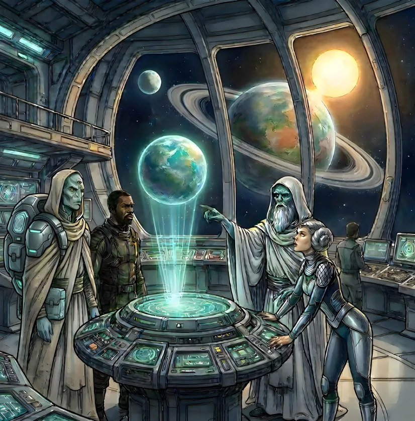 Humans and hooded Sirians around a holographic planet on a starship bridge.