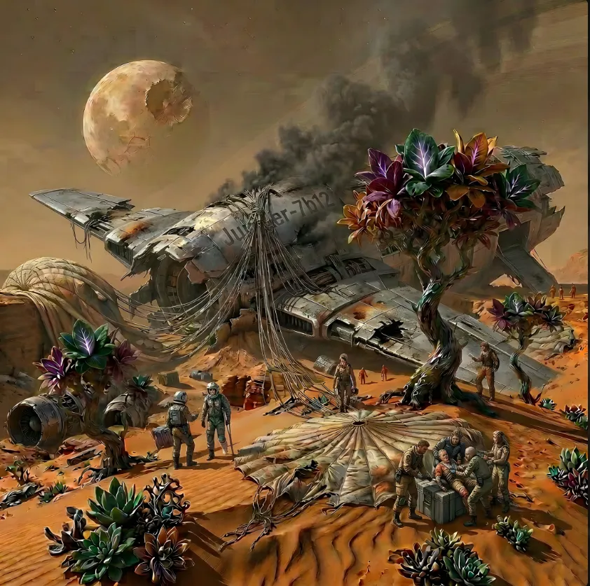 A crashed starship smoking in a red desert under a large moon.