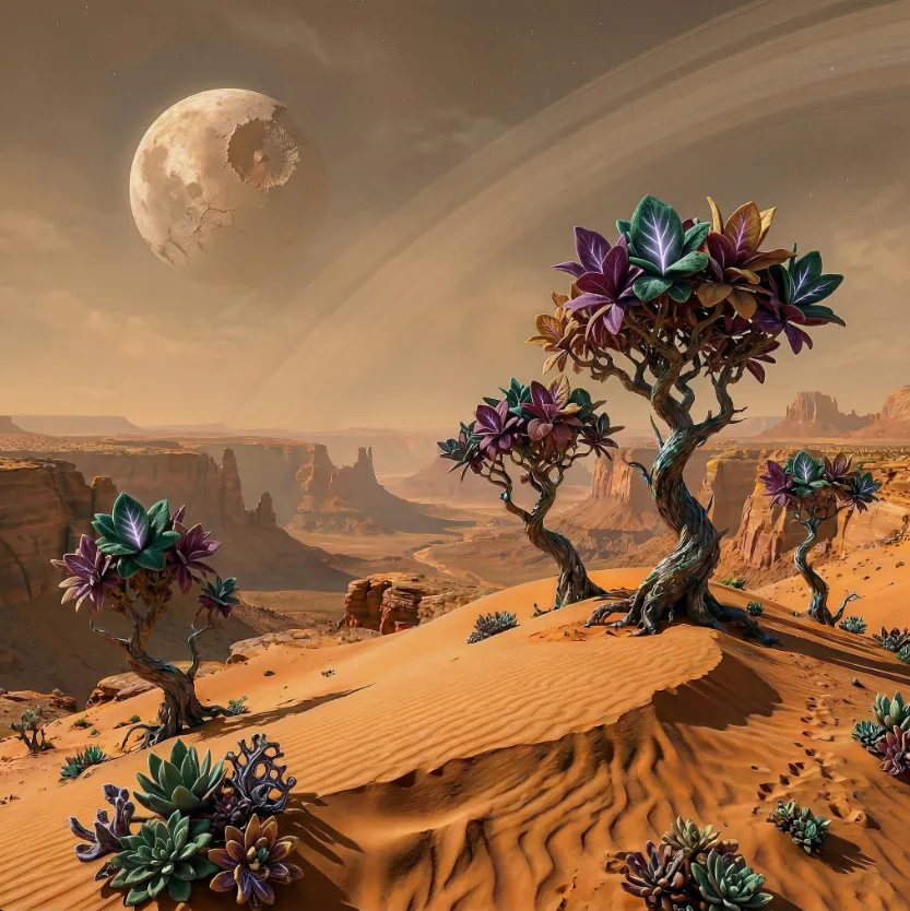 Red dunes with strange flowering trees and the ringed moon low on the horizon.