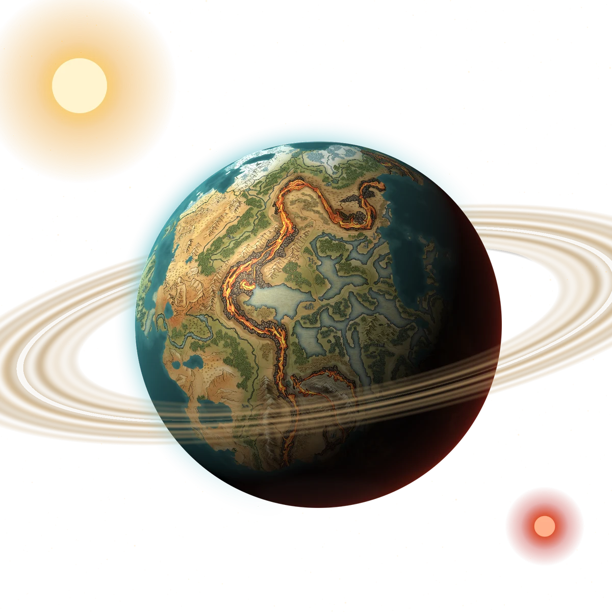 Kaladorn seen from space: the board map on a globe, with the lava river and the frozen north, circled by dust rings under a large yellow sun and a small red sun.