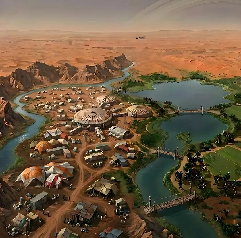 A settlement of domes and fields beside blue lakes in the desert, seen from above.